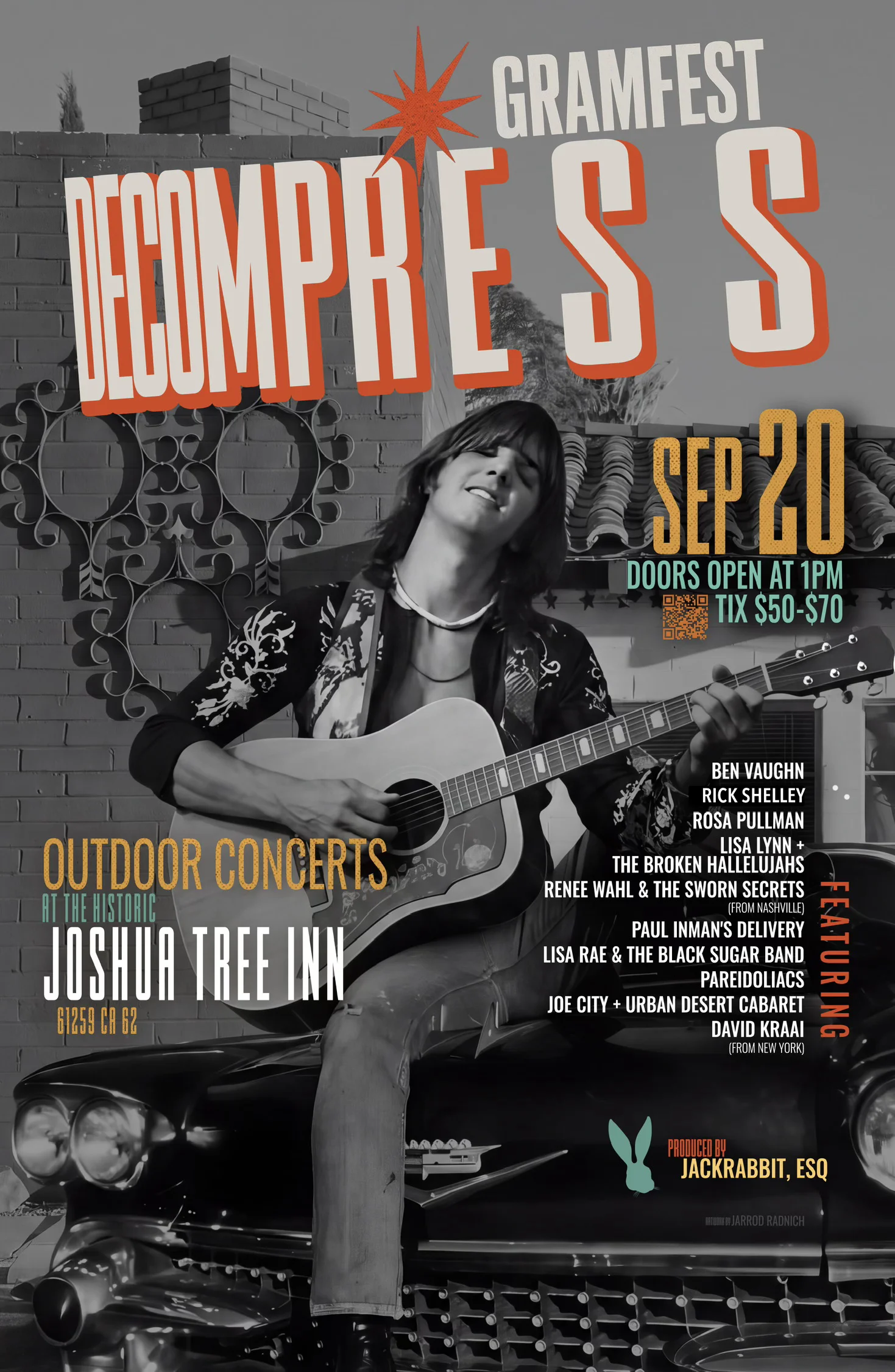 GramFest Decompress concert poster — September 20, Joshua Tree Inn, featuring a musician playing guitar on a vintage car.